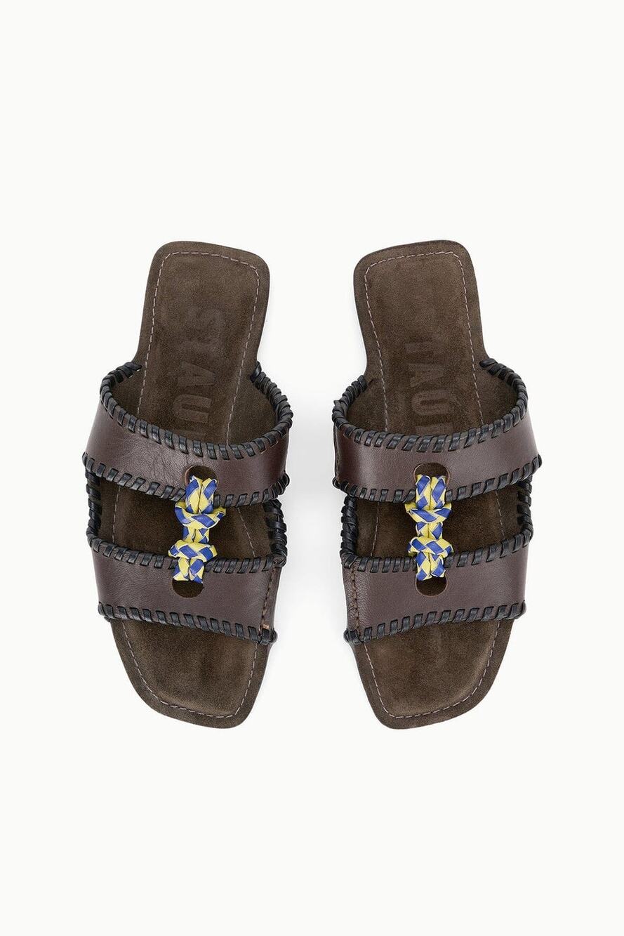 STAUD NWOB Mara Sandals Espresso Brown Braided Leather Flat Slides Size 39